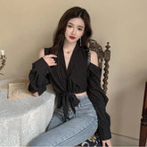 Blusa sexy de manga larga con hombros descubiertos y escote en V